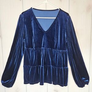 SHEIN Blue Velvet Tiered Long Sleeve Blouse XL Whimsigoth Fairy Grunge Holiday